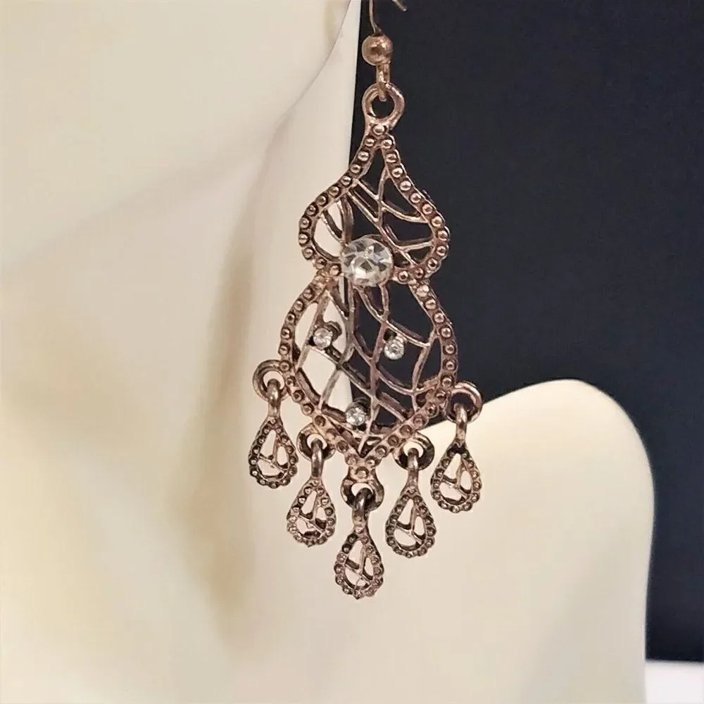 Filigree Earrings Teardrop Rhinestones In Gilded Brass Fashion Pierced